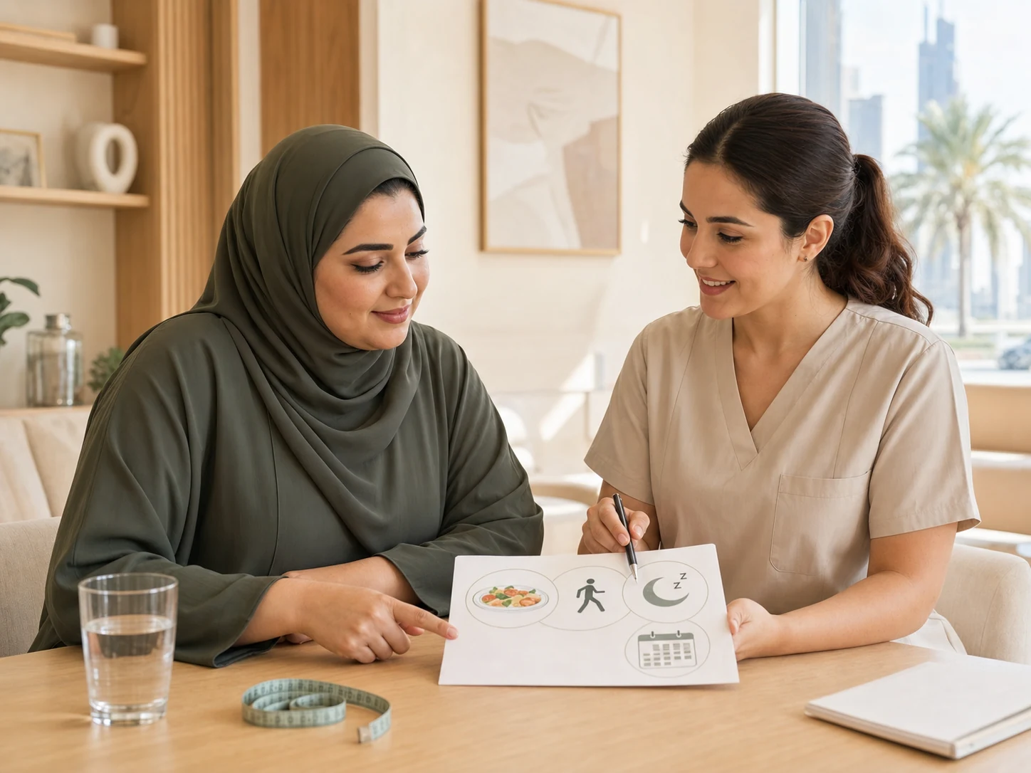Woman and healthcare professional reviewing a practical plan for meals, walking, sleep and follow-up