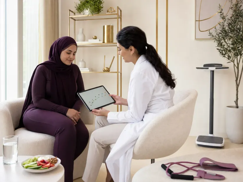 مريضة وطبيبة تراجعان مخطط تقدم أثناء المتابعة