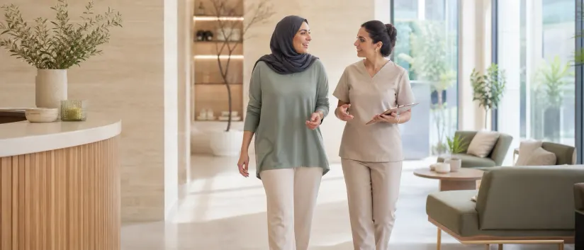 امرأة بحجاب وبلوزة طويلة الأكمام تمشي مع مختصة رعاية صحية